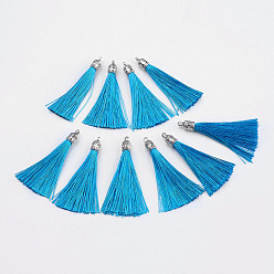 Bleu Clair Nylon pompon grandes décorations pendantes, avec les accessoires en alliage d'argent antique, bleu clair, 55~67x7mm, Trou: 2mm