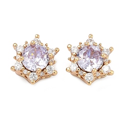 Лиловый Латунные звенья с инкрустацией кубическим цирконием, шестиугольный цветок, реальный 18 k позолоченный, сирень, 14x13.5x7.5 мм, отверстие : 1.8 мм