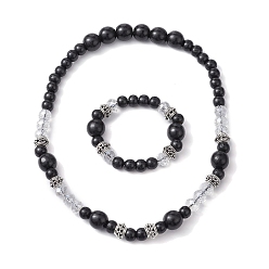Black Natural Wood & Glass Beaded Necklaces and Stretch Bracelet, Jewelry Set, Black, Necklaces: 21 inch(53.2cm), Bracelets: Inner Diameter: 2 inch(5cm)