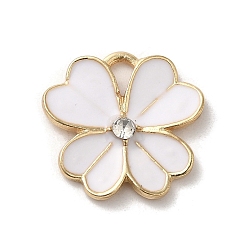 White Flower Alloy Enamel Pendants, with Rhinestone, Light Gold, White, 19x19.5x3mm, Hole: 4x2.5mm