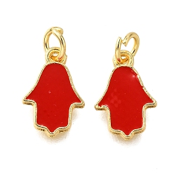 Красный Латунь эмаль прелести, с целью перехода в кольце, хамса рука/рука мириам очарование, стойки покрытие, без кадмия и без свинца, долговечный, золотые, красные, 13x8.5x1 мм, отверстие : 3 мм