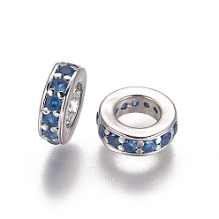 Cornflower Blue Brass Cubic Zirconia European Beads, Large Hole Beads, Ring, Platinum, Cornflower Blue, 7.5x2.5mm, Hole: 4.5mm