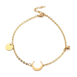 Golden Ion Plating(IP) 304 Stainless Steel Double Horn Link Anklet with Ball Charms for Women, Golden, 8-7/8~9-1/4 inch(22.5~23.5cm)