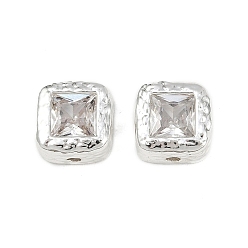 Посеребрённый Латунные прозрачные бусины из кубического циркония, квадратный, 925 серебро покрытием, 8x8x4.5 мм, отверстие : 1.2 мм