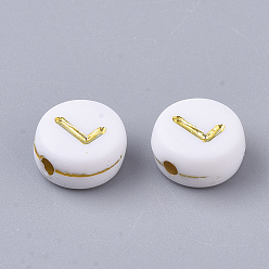 Letter L Plating Acrylic Beads, Golden Metal Enlaced, Horizontal Hole, Flat Round with Alphabet, White, Letter.L, 7x3.5mm, Hole: 1.2mm, about 3600pcs/500g