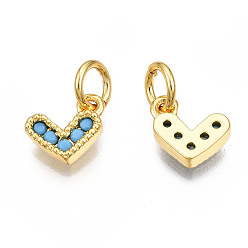 Turquoise Brass Micro Pave Cubic Zirconia Charms, with Jump Ring, Heart, Real 16K Gold Plated, Nickel Free, Turquoise, 8x8x2mm, Jump Ring: 5x1mm, 3mm inner diameter
