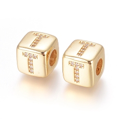 Letter T Brass Micro Pave Cubic Zirconia European Beads, Horizontal Hole, Large Hole Beads, Long-Lasting Plated, Cube with Letter, Golden, Clear, Letter.T, 9x9x9.5mm, Hole: 4.5mm