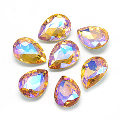 Gold Pointed Back Glass Rhinestone Cabochons, Back Plated, Faceted, AB Color Plated, teardrop, Gold, 14x10x5mm
