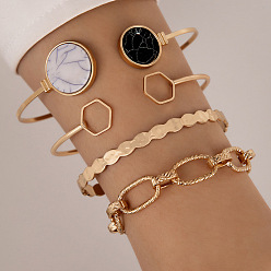 23570-gold Gemstone Inlaid Open Five-piece Bracelet Set - Geometric Heart Triangle Bracelet Set