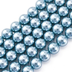 Небесно-голубой Оболочки жемчужина бисер нитей, круглые, голубой, 10.5 мм, отверстие : 0.9 мм, около 40 шт / нитка, 16.06'' (40.8 см)