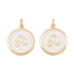 Leo Brass Enamel Pendants, Flat Round & Constellation Charms, Rack Plating, Long-Lasting Plated, Cadmium Free & Lead Free, Golden, Leo Charms, 17.5x15x2mm, Hole: 3mm