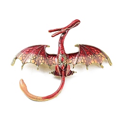 Red Dragon Alloy Rhinestone Brooches, Enamel Pins, Antique Golden, Red, 70x78x13mm