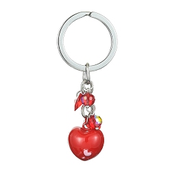 Red Valentine's Day Baking Painted Brass Bell Heart Keychain, with Glass Pendants and Alloy Split Key Rings, Red, 8cm