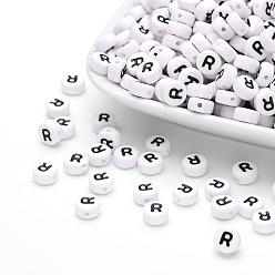 Letter R Acrylic Beads, with Horizontal Hole, Letter, Flat Round, Letter.R, 7x4mm, Hole: 1mm, about 3500pcs/500g