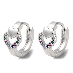 Platinum Rack Plating Brass Micro Pave Colorful Cubic Zirconia Hoop Earrings, Hollow Heart, Platinum, 13x7.5mm