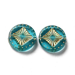 Teal Transparent Plating Acrylic Beads, Golden Metal Enlaced, Flat Round, Teal, 15~15.5x4.5mm, Hole: 1.5~1.8mm, about 606pcs/500g