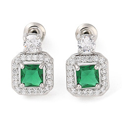 Зеленый Серьги-гвоздики из латуни с микропаве из кубического циркония, долговечный, квадратный, платина, зелёные, 13.5x9.5 мм