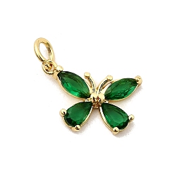Зеленый Подвески из латуни и стекла в форме бабочки, стойки покрытие, долговечный, без кадмия и без свинца, золотые, граненые, с целью перехода в кольце, зелёные, 11x16x3 мм, отверстие : 3.3 мм