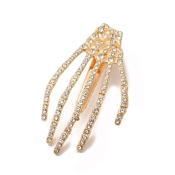 Golden Halloween Theme Glass Rhinestone Alligator Hair Clips for Woman Girl, with Iron Finding, Skeleton Hand, Golden, 63.5x36.5x13mm