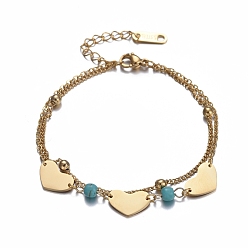 Golden 304 Edelstahl-Multi-Strang-Armbänder, mit synthetischen Türkis Perlen und Karabinerverschlüsse, Herz, golden, 6-3/4 Zoll (17 cm)