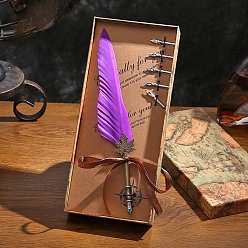 Blue Violet Feather Quill Pen, Vintage Feather Dip Ink Pen Set, Alloy Pen Stem Writing Quill Pen Calligraphy Pen As Christmas Birthday Gift Set, Blue Violet, Packing: 28x11.5cm