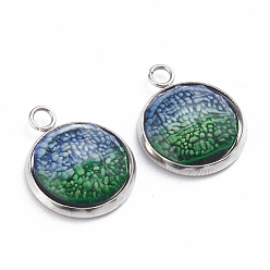 Colorful Printed Resin Pendants, with 304 Stainlesss Steel Settings, Half Round, Faceted, Sea Coral Pattern, Stainless Steel Color, Colorful, 19.5x16x4.5mm, Hole: 2.4mm