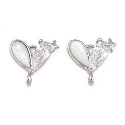 Platino Colgantes de conector de circonita cúbica transparente con pavé de latón, corazón con enlaces de estrellas, con cáscara natural, chapado en rack, larga duración plateado, Platino, 10x9x3 mm, agujero: 1.1~1.2 mm
