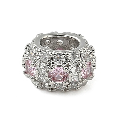 Pink Латунные микро проложить Цирконий Европейский бисером, RONDELLE большие шарики отверстия, платина, стойки покрытие, долговечный, без кадмия и без свинца, розовые, 12.5x10.5x7.5 мм, отверстие : 6.5x5 мм