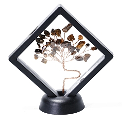 Tiger Eye Natural Tiger Eye Tree of Life Feng Shui Ornamentss, with Plastic Floating Display Cases, Home Display Decorations, Rhombus, 90x20x90mm