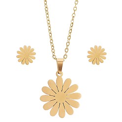Golden 316 Surgical Stainless Steel Daisy Stud Earrings and Pendant Necklace, Jewelry Set for Women, Golden, 16.93 inch(430mm), 17mm, Pin: 0.8mm