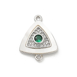 Треугольник Подвески-коннекторы из латуни с микропаве из прозрачного кубического циркония и ракушки, с зеленым стеклом, платина, треугольные, 17.5x13.5x2.5 мм, отверстие : 1.2 мм