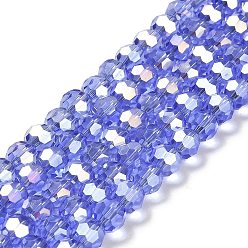 Cornflower Blue Transparent Glass Beads, 32 Facets, AB Color Plated, Round, Cornflower Blue, 8x7~7.5mm, Hole: 1.5mm, about 66pcs/strand, 18.82''~19.06''(47.8~48.4cm)