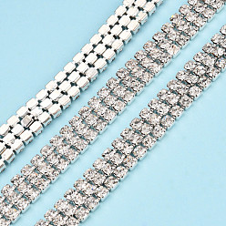 Silver Brass Crystal Rhinestone Strass Chains, Three Rows Rhinestone Cup Chains, Soldered, with Spool, Silver, 8mm, about 32.81 Feet(10m)/Roll