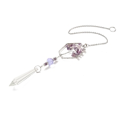Purple Amethyst Pendant Decoration, Hanging Suncatcher, with Stainless Steel Rings and Hexagon Alloy Frame, Bullet Shape, Purple, 404x2mm, Hole: 10mm
