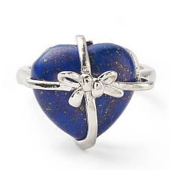 Lapis Lazuli Natural Lapis Lazuli Heart with Bowknot Adjustable Ring, Platinum Plated Brass Jewelry for Women, Cadmium Free & Lead Free, Inner Diameter: 16.7~21.2mm