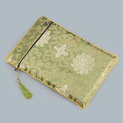 Dark Sea Green Floral Print Cloth Scriptures Storage Zipper Pouches, with Tassels, Rectangle, Dark Sea Green, 34x24cm