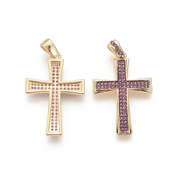 Ярко-Розовый Латунные микро проложить кубического циркония подвески, долговечный, реальный 18 k позолоченный, крестик, ярко-розовый, 30.5x20.5x2.5 мм, отверстие : 3x5 мм