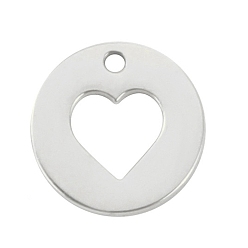 Stainless Steel Color Stainless Steel Charms, Flat Round with Heart Charm, Stainless Steel Color, 12mm