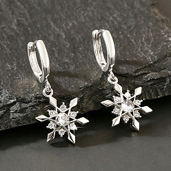 Argent Boucles d'oreilles créoles pendantes en laiton serties de micro-pavés de zirconiums cubiques en forme de flocon de neige pour femmes, argenterie, 28x12mm