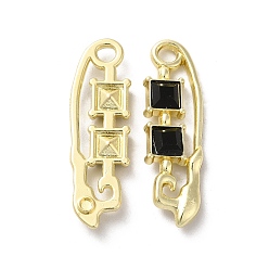 Black Alloy Pendant, with Glass, Light Gold, Lead Free & Cadmium Free, Safety Pin Charm, Black, 35x10.5x4mm, Hole: 3mm