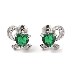 Зеленый Серьги-гвоздики из латуни с микропаве из кубического циркония, долговечный, цветок, платина, зелёные, 10x10.5 мм