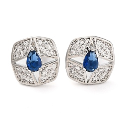 Морской Синий Квадратные серьги-гвоздики с кубическим цирконием из латуни для женщин, платина, Marine Blue, 13x13 мм