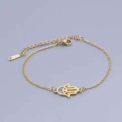 Golden 201 Stainless Steel Link Bracelets, with Lobster Claw Clasps, Hamsa Hand, Golden, 6-7/8 inch(17.5~17.6cm)