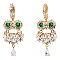 Golden Emerald Rhinestone Owl Dangle Hoop Earrings, Alloy Jewelry for Women, Golden, 35x15mm
