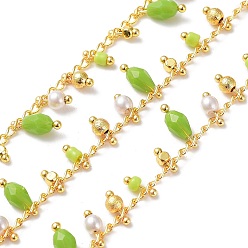 Lime Green Handmade Brass Curb Chains, with Glass Charms, Real 18K Gold Plated, Soldered, with Spool, Lime Green, 3mm