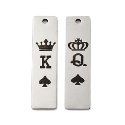 Нержавеющая Сталь Цвет Антикоррозийные 201 подвески из нержавеющей стали, прямоугольник с подвеской король и королева, цвет нержавеющей стали, 40x10x1.5 мм, отверстие : 2 мм, 2 шт / комплект