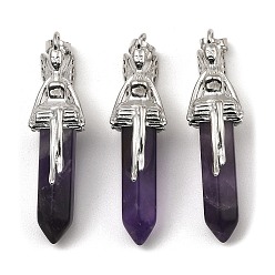 Amethyst Natural Amethyst Pointed Pendants, Faceted Bullet Charms, with Rack Plating Platinum Plated Brass Fairy, 24x13mm, Hole: 5x8mm