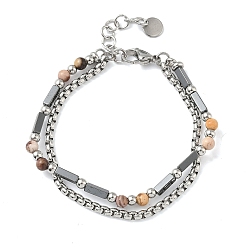 Джаспер Зебра Многорядные бусины из натуральной зебровой яшмы и немагнитного синтетического гематита, вышитый бисером браслеты для женщин, с 201 нержавеющей сталью и 304 фурнитурой из нержавеющей стали, 7-1/2 дюйм (19.1 см)