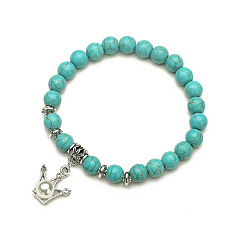 Crown Turquoise Beaded Bracelet Set with Cross Pendant - Vintage Natural Stone Jewelry