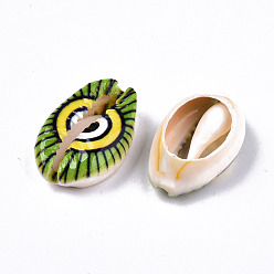 Желто-Зеленый Набивные бусины из натуральных ракушек каури, нет отверстий / незавершенного, с рисунком сглаза, желто-зеленый, 18~22x13~14x6~8 мм